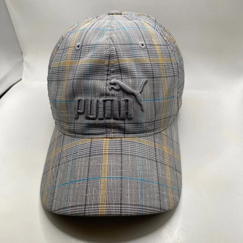 PUMA Plaid Adjustable Baseball Cap Hat Unisex Grey Yellow Blue 3D Logo Sport SEO